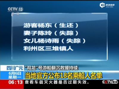 《朝闻天下》四川广元:“双龙”号游船翻沉救援持续——当地官方公布18名乘船人名单