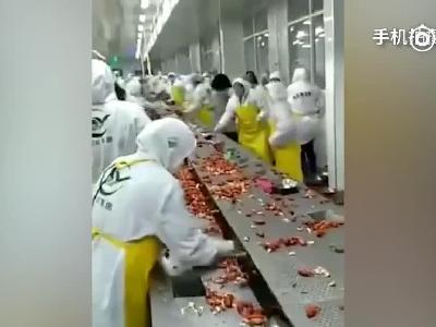 视频：小龙虾加工企业生产车间发生内讧 工人互扔小龙虾