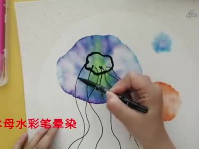 水母水彩笔晕染画,儿童简笔画,绘画步骤