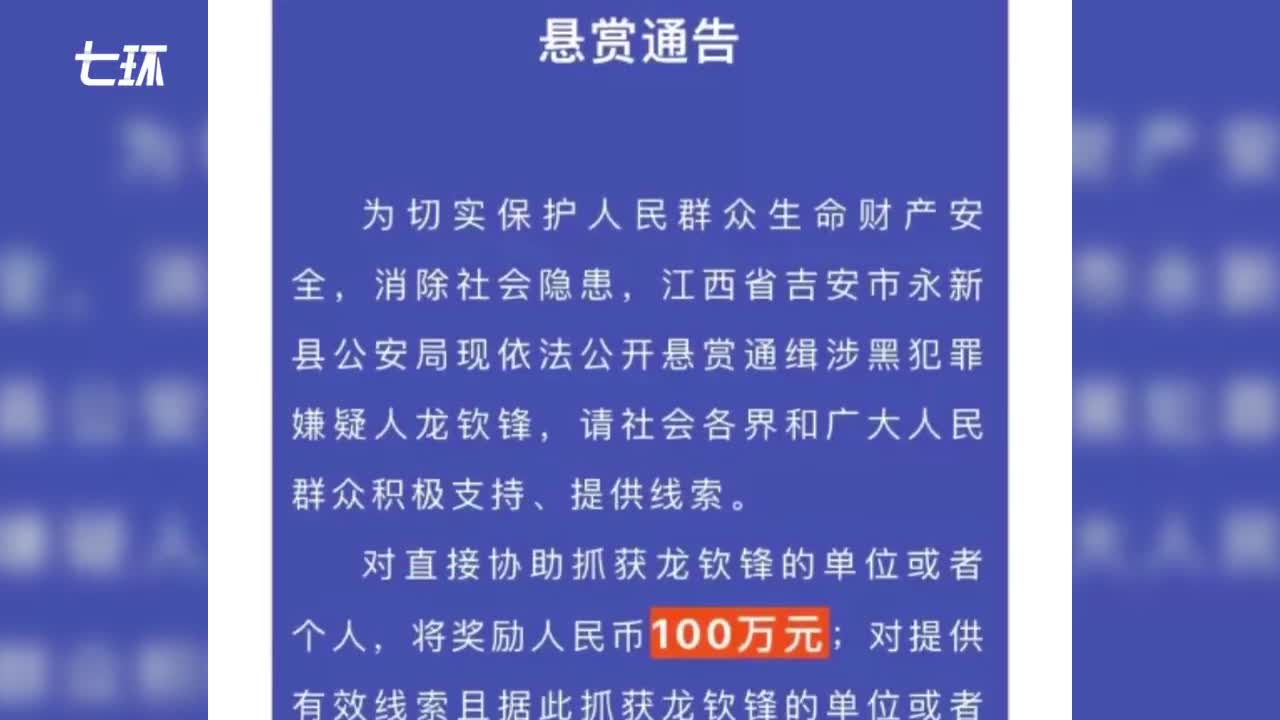 悬赏100万江西永新公安通缉涉黑犯罪嫌疑人龙钦锋