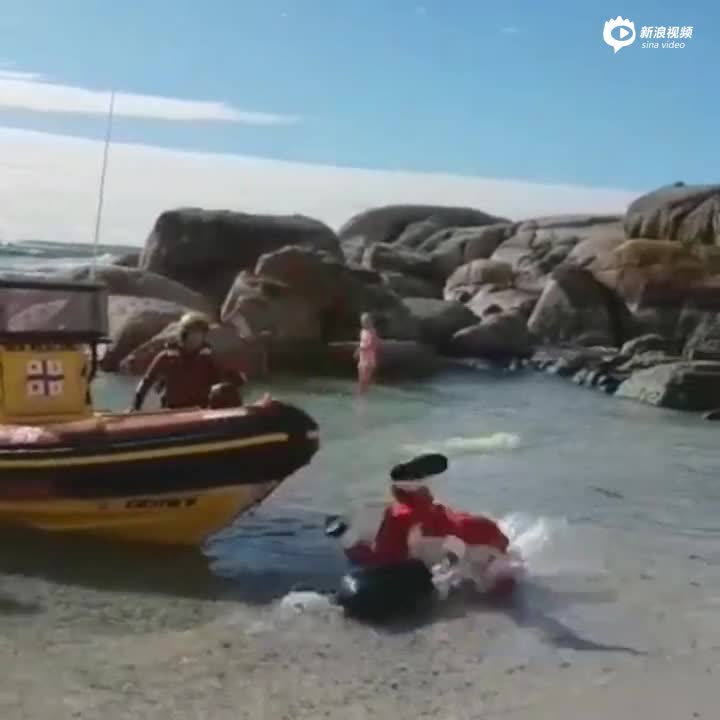 视频-圣诞老人带着礼物下船被绊倒 一头栽进海里很