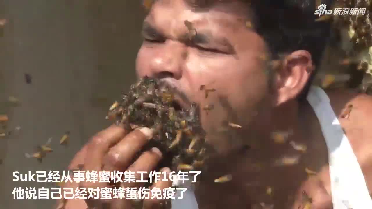 视频：密恐慎点！印度男子站在巨大蜂巢旁边 满嘴塞