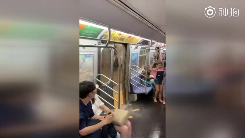 视频-纽约暴雨后地铁站淹水 站台乘客滑倒差点被洪