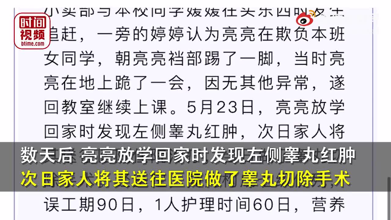 小学生校内被女同学踢裆致睾丸切除家长起诉获赔28万